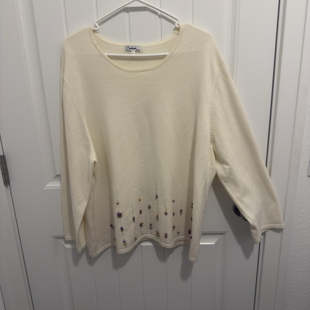 Carducci Woman Ivory Beaded Knit Sweater Crew Neck 3X Plus Size Cream Top